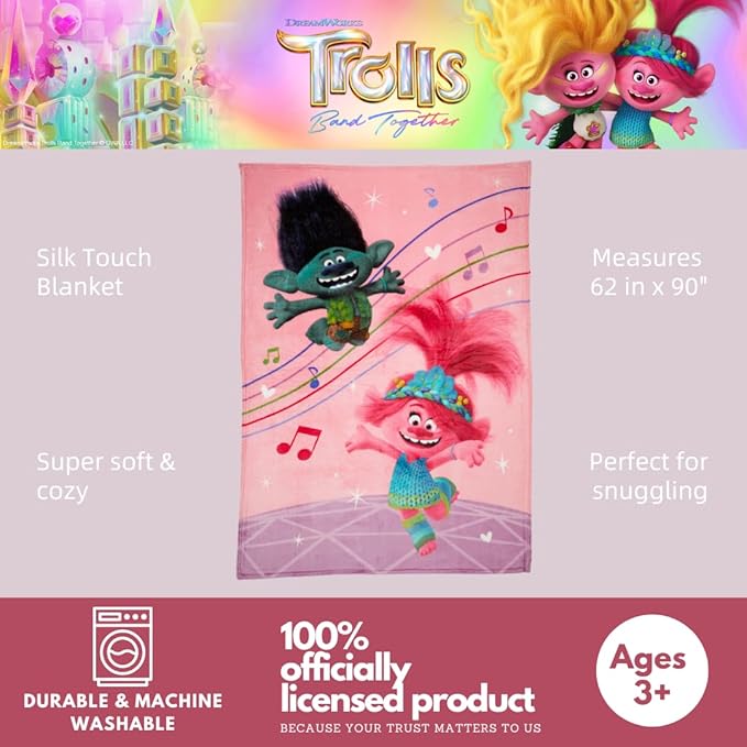 DreamWorks Trolls 3 Band Together Movie Kids Bedding Super Soft Plush Throw Blanket, 62 in x 90 in, (Officially Licensed Product), By Franco