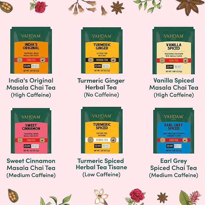VAHDAM, Assorted Chai Tea Variety Pack (6 Delicious Flavors, 36 Eco Friendly Pyramid Tea Bags) Caffeinated, Gluten Free, Non GMO | Indian Masala Chai Tea Blends | Tea Gift Set for Men and Women