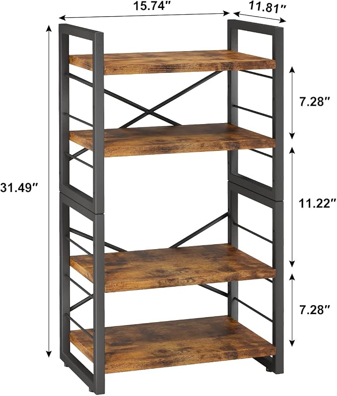 Homeiju Bookshelf, Dorm Desk Hutch, Desk Shelf Organizer, 4 Tier Stackable Bookcase, Adjustable Industrial Book Shelf Storage Organizer for Desktop, Living Room, Bedroom, Office,Rustic Black and Brown