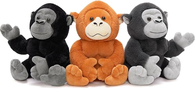 3Pcs Bulk Gorilla Plush, Cute Soft Gorilla Stuffed Animal Set for Kids,11.4" Mini Stuffed Zoo Animal Toy for Birthday, JungleTheme Party Baby Shower Decor(Black,Rufous,Gray)