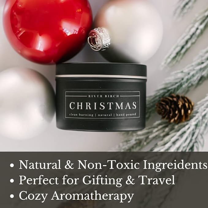 River Birch Candles Christmas Scented Candle | Premium, All-Natural, Non-Toxic, Soy Candles | 8 oz. Black Matte Tin Travel Candle | Cozy Relaxing Gifts for Home