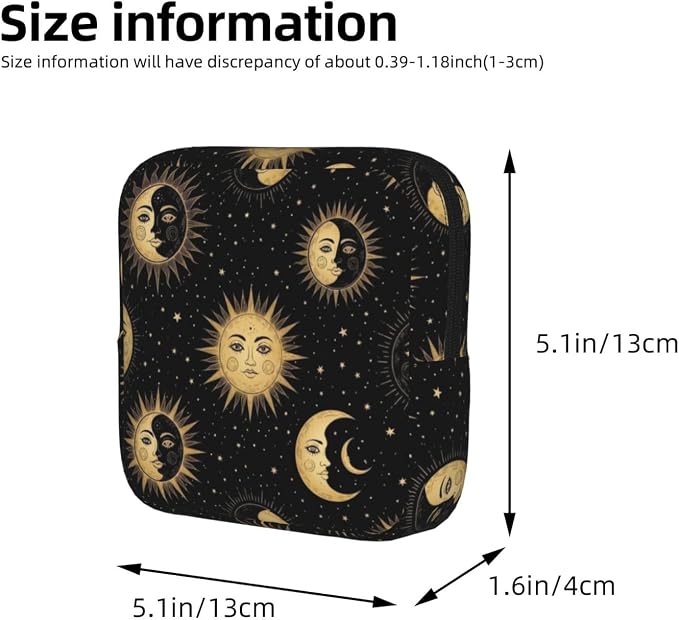 Feminine Product Organizer with Zipper, Polyester Sanitary Pad Bag Gold Sun Crescent Moon Star, Portable Holder for Nursing Pad Panty Liners