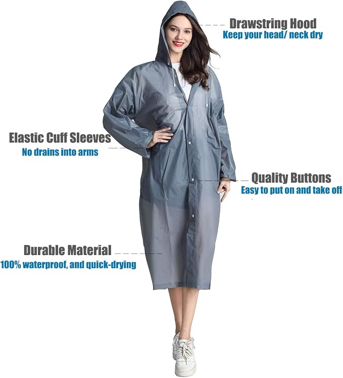 HLKZONE Raincoat, 2 Pack Rain Ponchos for Adults Travel Rain Jacket Packable Rain Coats for Women with Drawstring Hood