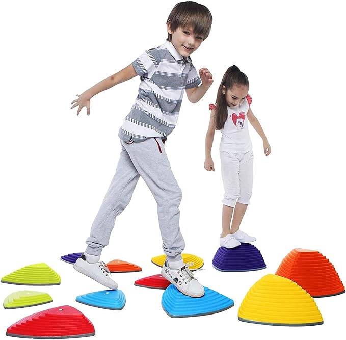 Special Supplies Stepping Stones for Kids Indoor and Outdoor Balance Blocks Promote Coordination, Balance, Strength Child Safe Rubber, Non-Slip Edging (Multi-Color, 12)