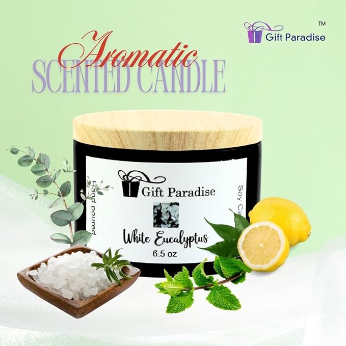 White Eucalyptus Soy Wax Candle in Black Metal Tin, 6.5 oz, Cotton Wick, Eucalyptus Mist, Fresh, Cooling Eucalyptus
