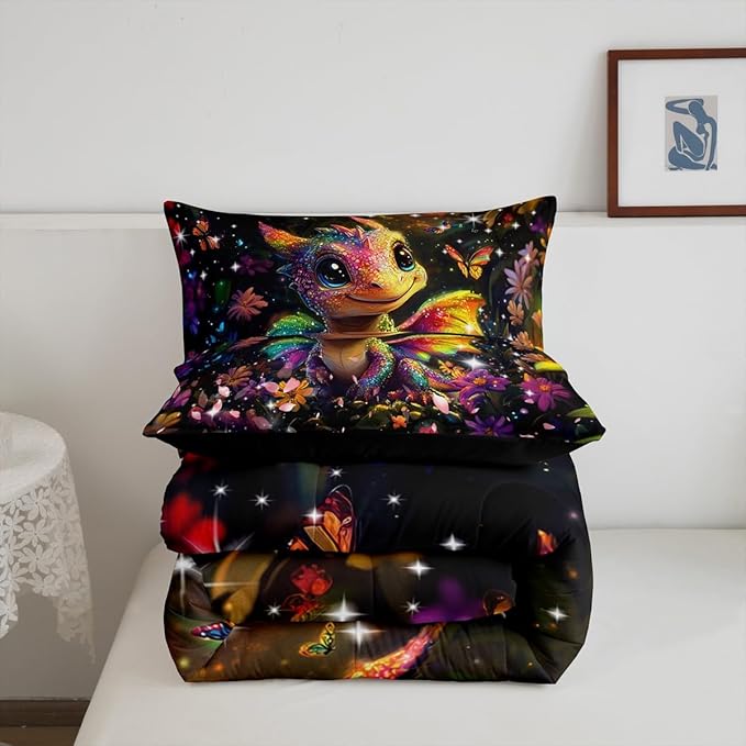 Feelyou Dragon Comforter Set Queen Size Dragon Stuff Comforter for Boys Girls Teens Shiny Flower Bedding Set Dragon Decor Duvet Set Room Decor Carbon Black Quilt Set