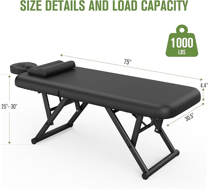 Olela Heavy Duty Stationary Massage Table - Adjustable Massage Table with Adjustable Height & Backrest, Spa Tables with PU Leather, C-Shaped Pillow and Sturdy Metal Frame Support Up to 1000LBS