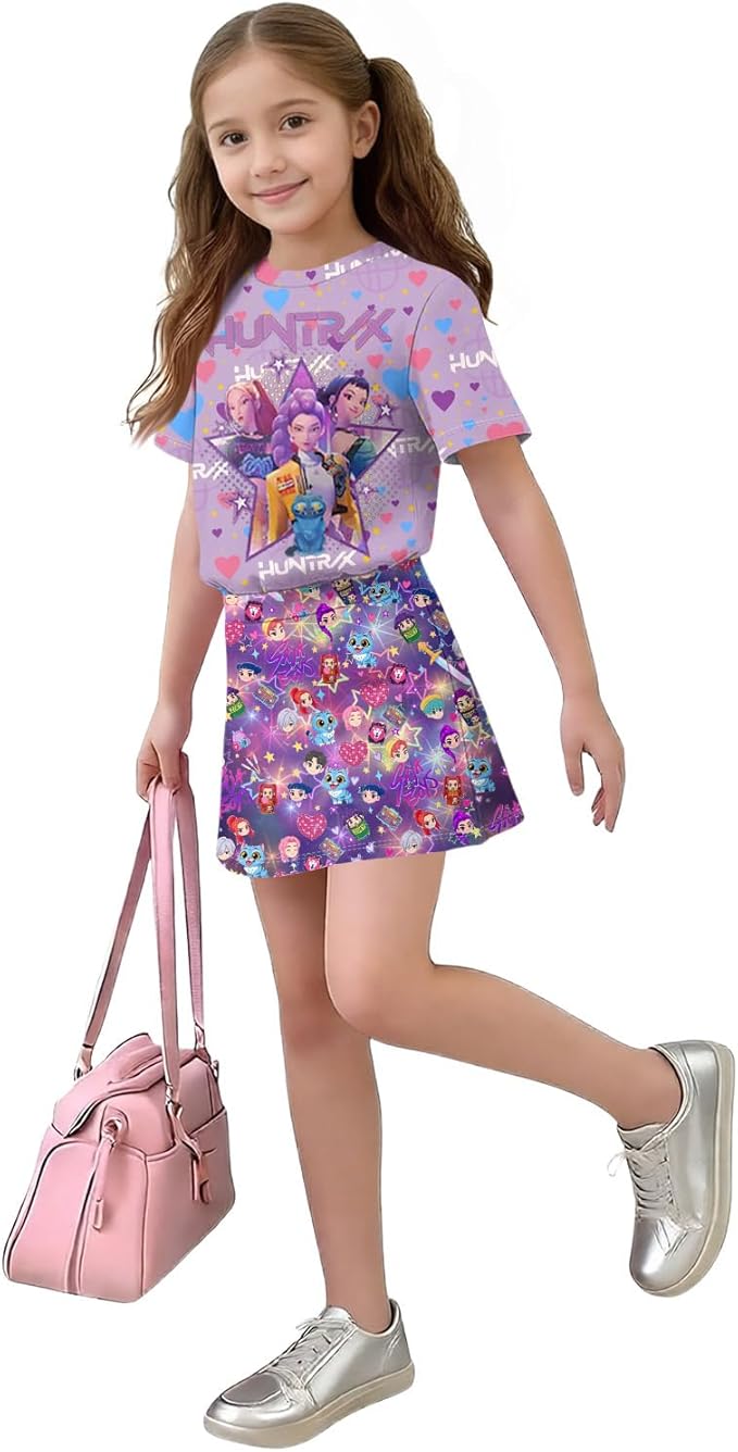 HTHLVMD K Pop Short Sleeve T-Shirt and Skirts Outfits Set for Girls Hunters Rumi Mira Zoey Graphic Tees De-Mon Costume