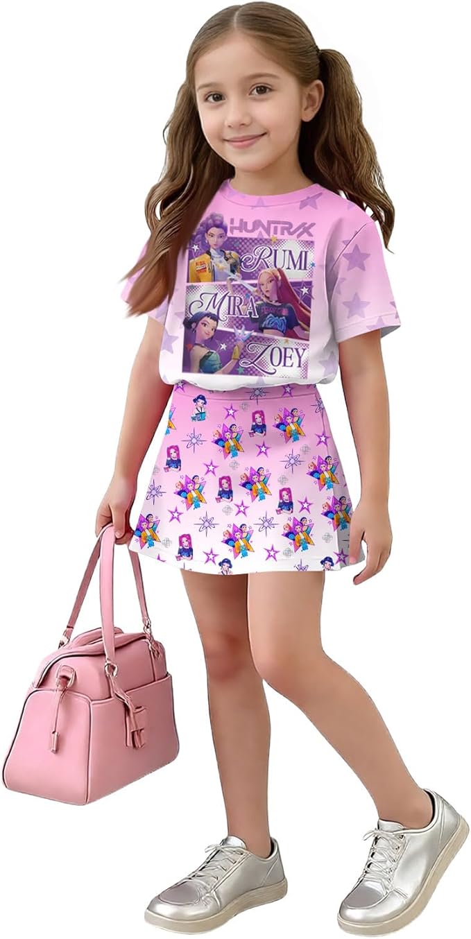 Girls 2-Piece Anime Outfit Set, Short Sleeve Graphic T-Shirt and Printed Skirt Set