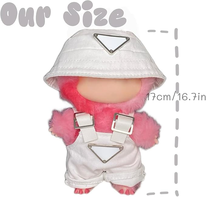 Clothes for 17cm Dolls(NO Doll)，Premium Handmade Clothes，Adjustable Kawaii Outfits for Clothes Set，Dolls Keychain Accessories，Bucket Hat+Overalls (White)