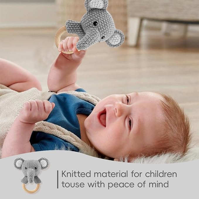 Baby Toys Stuffed Animals Handbell,Elephant Rattle Toy Wooden Rattle Toys for Baby,Knit Stuffed Animal Cute Rattle with Teether Ring Newborn Birthday Gifts（Elephant）