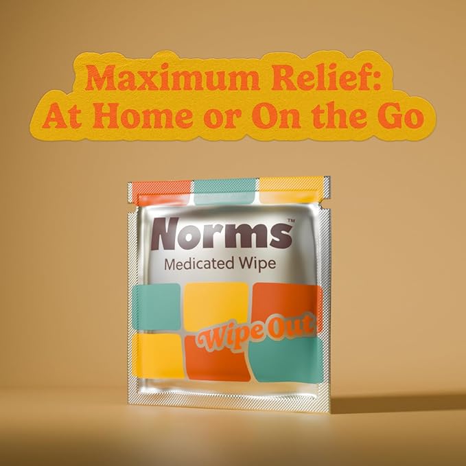 Norms Wipe Outs Hemorrhoid Wipes, 24 Individaully Wrapped Witch Hazel Wipes with Aloe to Soothe and Cool Itching, Burning and Irritation, Flushable Septic Safe, Plant Based & Plastic-Free