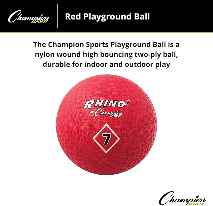 Champion Sports Playground Ball – High-Bounce 2-Ply Construction, Durable Red Ball for Throwing, Catching & Kicking - Multiple Sizes (5", 6", 7", 10", 13", 16")