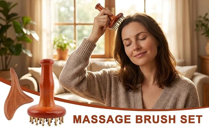 29-Teeth Wooden Handle Copper Head Massage Comb and Sandalwood Triangle Massager, Body & Scalp Gua Sha Tools Set for Meridian Acupressure, Stress Relief, Cellulite Remover