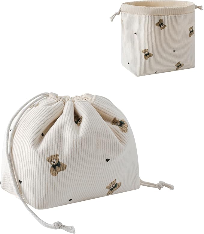 RSRSLEII Aesthetic Corduroy Drawstring Makeup Bag, Cute Coquette Drawstring Cosmetic Bag with Canvas Lining, Bear Pattern Travel Makeup Organizer Case for Women Girls (02Beige Bear)
