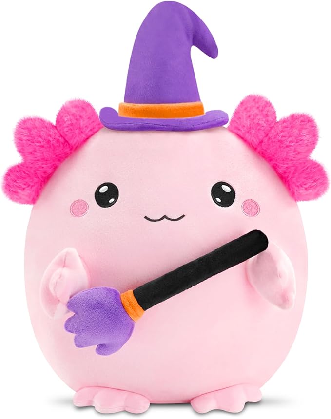 Halloween Axolotl Stuffed Animals, Axolotl Witch with Broom Stuffed Plush Halloween Party Gifts for Kids, Girls and Boys（Pink）