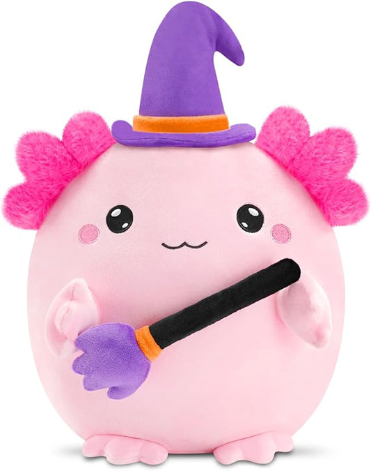 Halloween Axolotl Stuffed Animals, Axolotl Witch with Broom Stuffed Plush Halloween Party Gifts for Kids, Girls and Boys（Pink）