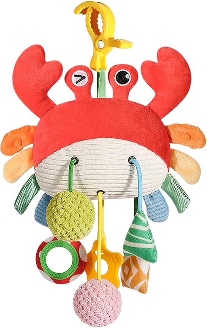 Baby Car Seat Toys 0-6 Months - Crib & Stroller Hanging Crab Attachment with Clip, Rattles and Teether, Travel Comfort Toy for Newborn Infant Gifts