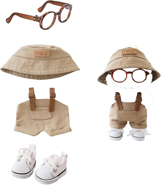 Clothes for Dolls Accessories, Stylish Kawaii Overalls Outfit Set 4 Pieces Bib Pants for 15cm 17cm Doll, Cute Doll Hat Shoes Clothing Set Replacement Khaki