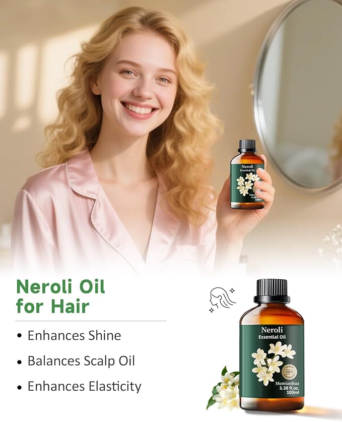 Neroli Essential Oil, Orange Blossom Oil, Diffuser, Skin & DIY, 3.38 Fl Oz | Mumianhua Neroli Oil, Steam-Distilled. Citrus-Floral Aroma. For Pillow Mist, Pulse Points, Perfume, Hair,Candle Making