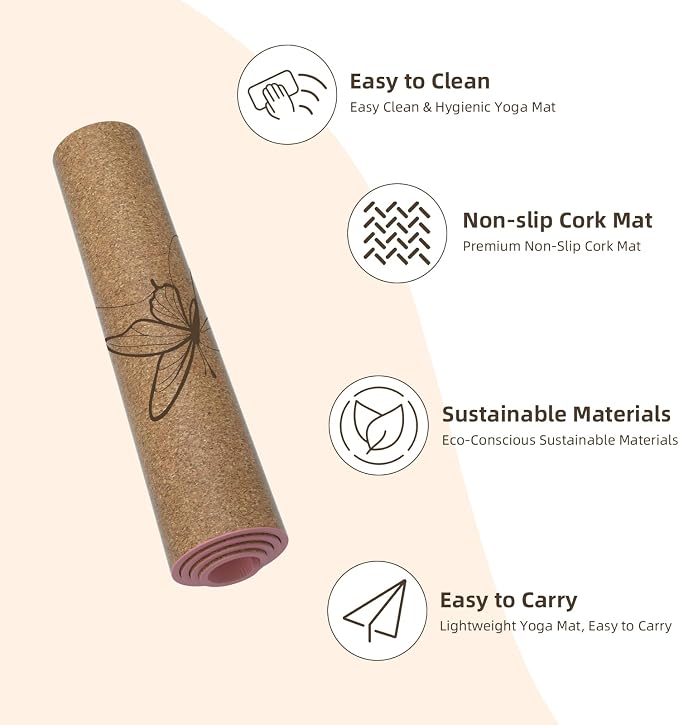 ILILI Eco-Friendly Cork Yoga Mat 1/4 inch Thick, 72''L*26''W, Non Slip Lightweight Cork and TPE Soft Exercise & Fitness Mat, Ideal for All Types of Yoga, Home, Gym & Studio Workouts