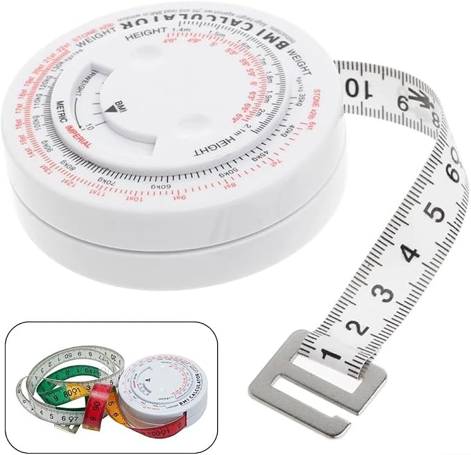 Body Mass Index Tape Measure, Retractable BMI Calculator for Diet and Fitness, 150cm Locking Measurement Tool for Waist, Hip, Thigh, Calf, Easy Read Scale, Plastic Case for Gym Use