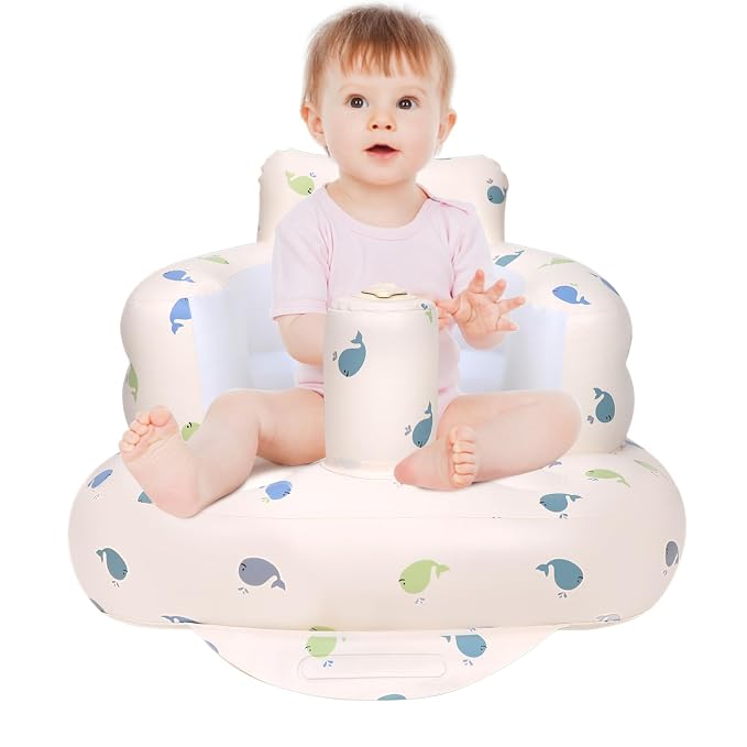 AirSwim Inflatable Baby Chair, Inflatable Baby Seat for Babies 3 Months and Up, Summer Blow Up Chair with Built in Air Pump, Bumbo Seat for Learning to Sit, Palying, Camping, Whale