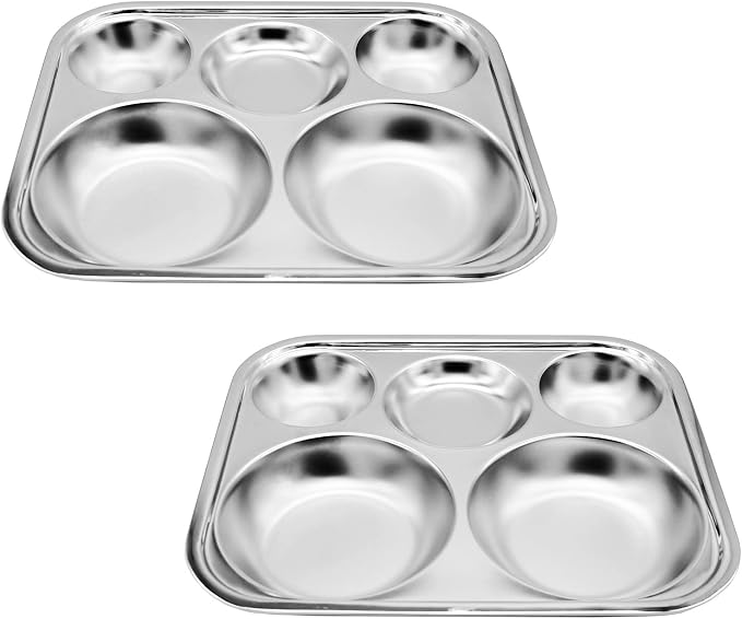 Korean Stainless Steel Large Divided Plates for Adults & Teens 2-Pack | Premium 304 electro-polished stainless steel, no black residue, BPA-free large tray for diet portion control