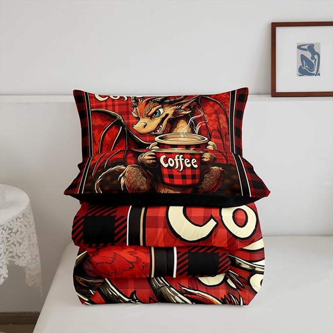 Feelyou Dragon Comforter Set King Size Dragon Stuff Comforter for Boys Girls Teens Coffee Bedding Set Dragon Decor Duvet Set Room Decor Red Brown Quilt Set