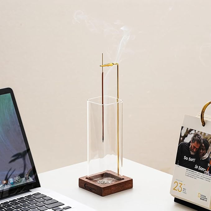 Ceremony Incense Holder,2 Pack Wood Incense Holder for Sticks with Glass Ash Catcher Ceremony Incense Holder