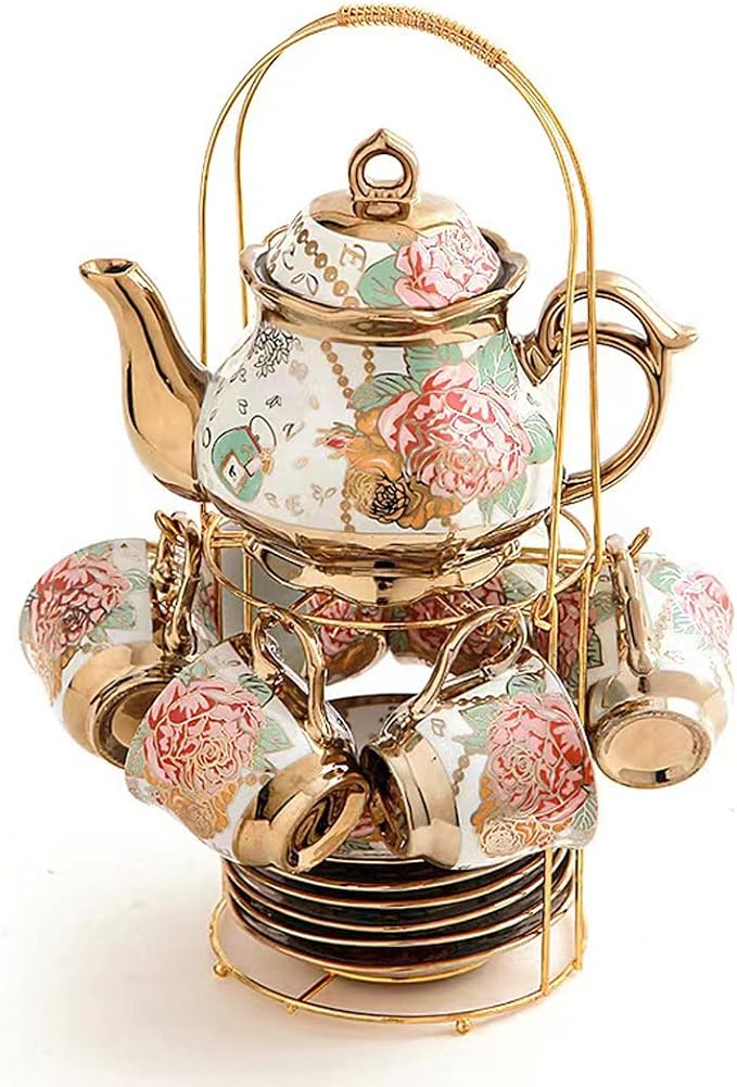 CHANJOON Gold Plated Red Rose Ceramic Tea Set, Vintage Tea Sets with Teapot, Beautiful Tea Set Coffee Serving 6 People (Golden, large)