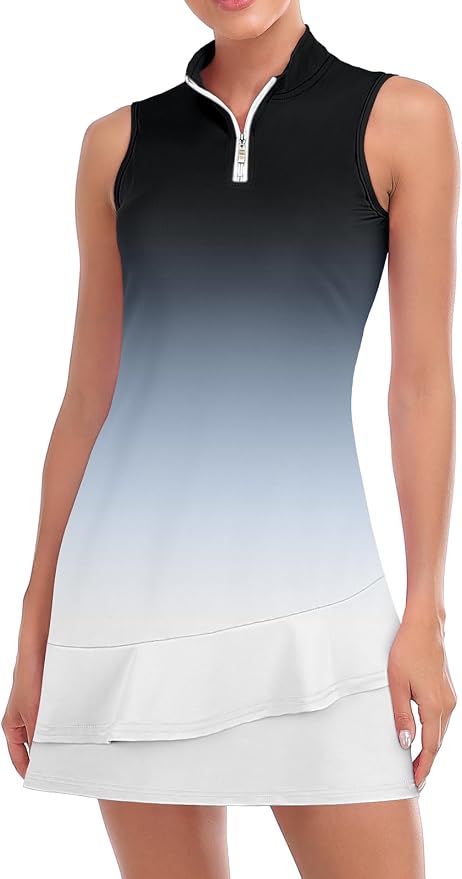 Viracy Tennis Dress for Women Sleeveless Golf Dresses with Shorts and Pockets Ruffle Zip Up Stand Collar Golf Outfits