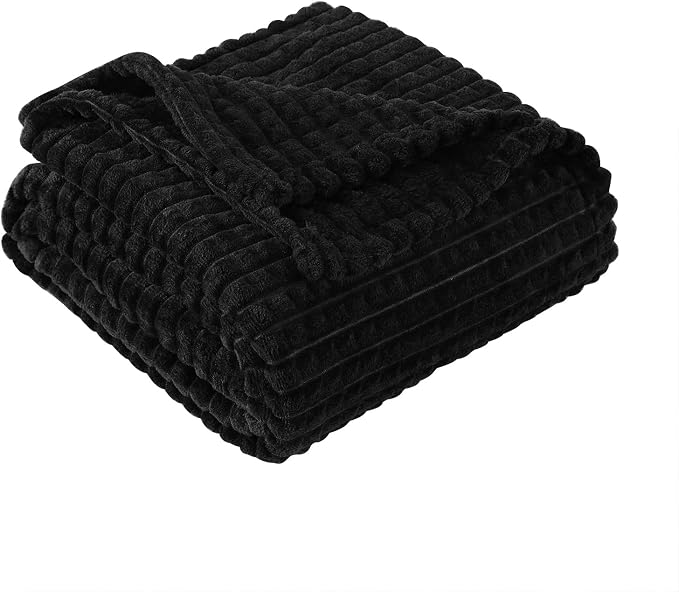 Puncuntex Fleece Throw Blanket Black 60"×80" with Square Grid Design | Super Soft Plush Cozy Flannel Throw Blanket Luxury for Couch Sofa Chair