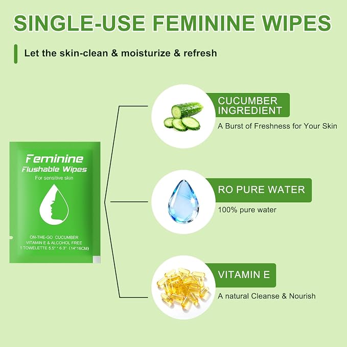 twoworld 100 Feminine Wipes Flushable Travel Individually Wrapped | Travel Wipes for Women,Feminine Care Wet Wipes Travel Size Vaginal Wipes for Adult,Girl and Homeless(Cucumber)