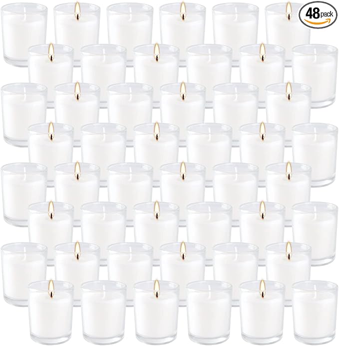 Set of 48 White Votive Candles,Unscented Candles Filled in Clear Glass,Ideal Gift for Weddings,Emergency Lighting,Aromatherapy,Holidays,Meditation,Parties