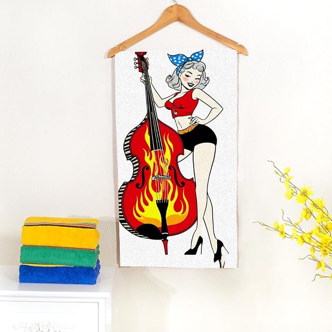 Rockabilly Pinup Girl Hand Towel Playing Double Bass with Flames Face Towels Suit Travel Sports Pool Swimming Bath Camping Spa Gym Yoga,15x30 Inch