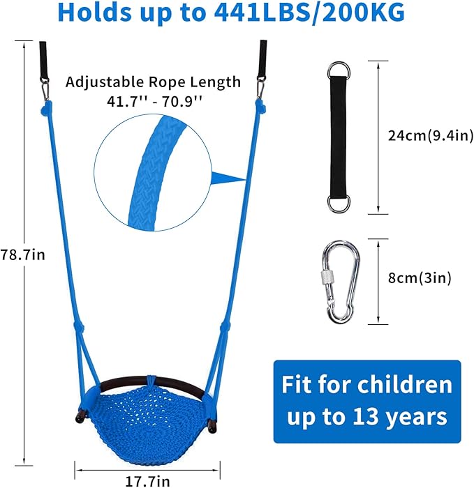 Hi-Na Kids Swing for Swing Set, Heavy Duty Rope Swings with Snap Hooks and Straps, 440LBS Capacity, Toddler Swing Seat for Indoor Porch, Outdoor Playground, Tree, Blue