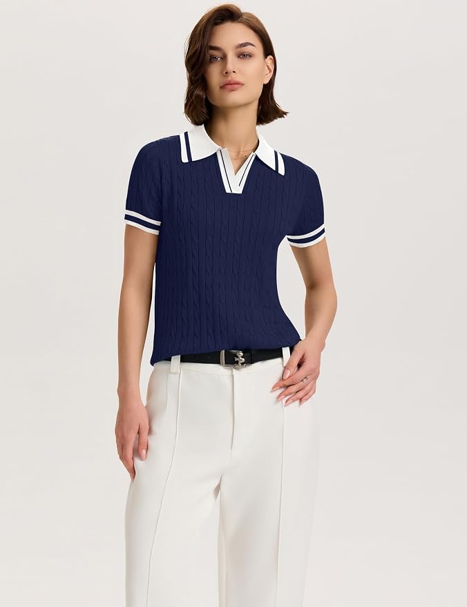 Micoson Womens Short Sleeve Sweater Tops Lapel V Neck Polo Shirts 2026 | Summer Cable Knit Loose Blouses, Business Casual Outfits