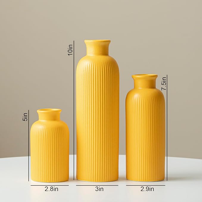Modern Ceramic Vase Set, Yellow Ribbed Matte Design, 3-Piece Decorative Vases for Home, Living Room, Office (Yellow)