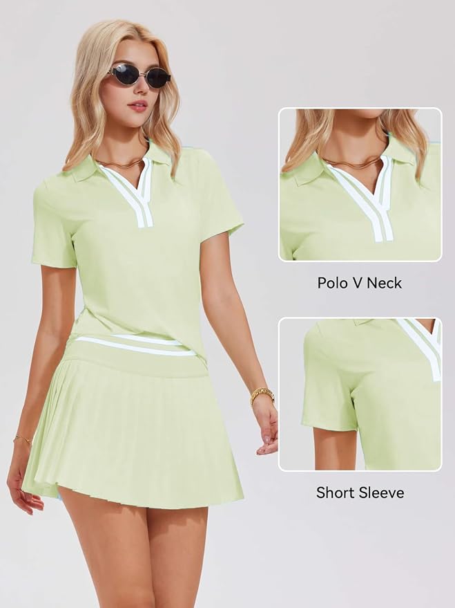 Tennis Skirt Set for Women Color Block V Neck Golf Pickleball Outfits Pleated Athletic Two Piece Skirts Sets