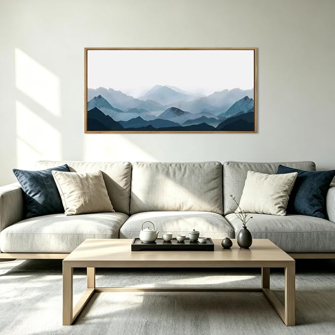 Blue Framed Mountain Landscape Wall Art Fog Mountain Painting Wall Decor for Bedroom Living Room Office Decor 20x40 Inch