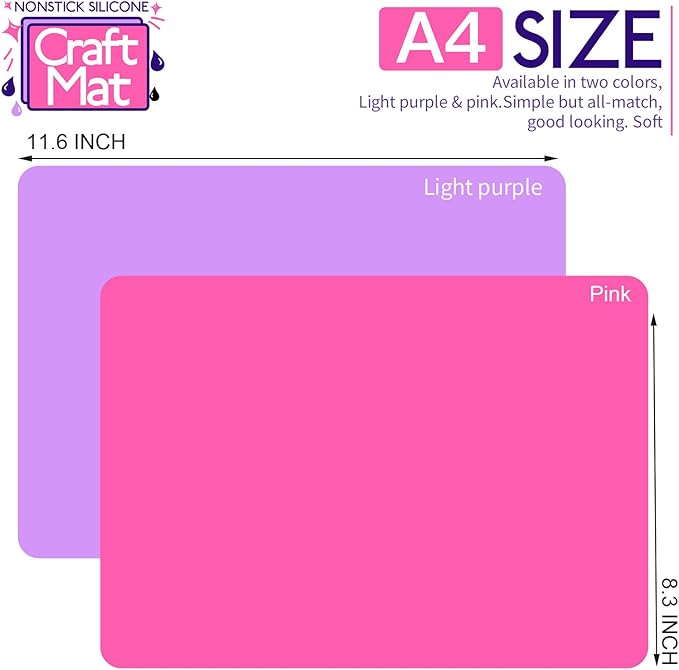 LEOBRO Silicone Mat, Silicone Mats for Crafts, 2pcs Silicone Mat for Jewelry Resin Molds, Silicone Mats for UV Resin Molds, DIY Art Crafts, Hot Pink & Light Purple, 11.69" x 8.26"