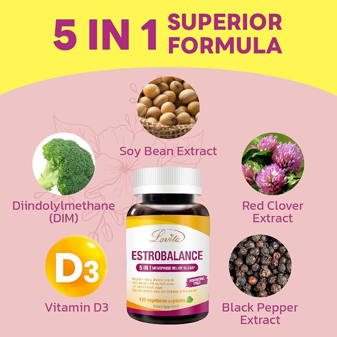 Lovita Menopause Supplements for Women, DIM Complex with Soy Isoflavones, Red Clover, Vitamin D3 & Black Pepper for Menopause & Hormone Balance Support, 120 Vegetarian Capsules (Pack of 3)