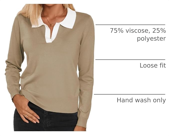 Women's Long Sleeve Classic V Neck Casual Fall Winter Polo Sweater Tops | Basic Collared Knitted Fashion Work Business Formal Daily Wear Versatile Pullover Shirts