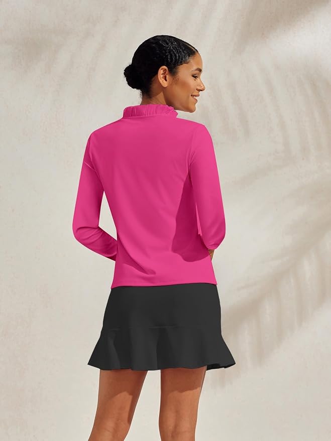 ACEGOLFS Womens Golf Polo Shirts Casual Ruffle V Neck Long Sleeve Tops for Women UPF 50+ Rash Guard Ladies Pullover Shirt