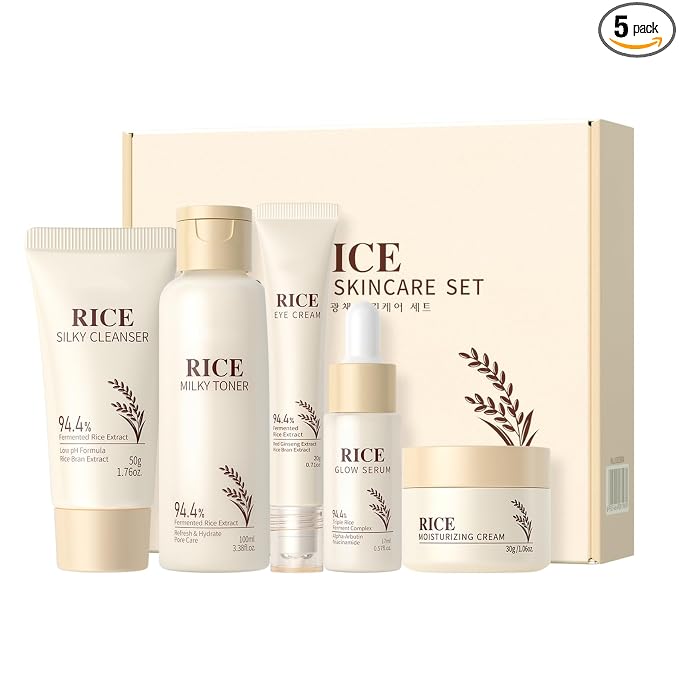 Korean Rice Radiance Skincare Set, 5 Piece Moisturizing Rice Skin Care | Silky Cleanser, Milky Toner, Glow Serum, Eye Cream, Moisturizing Cream