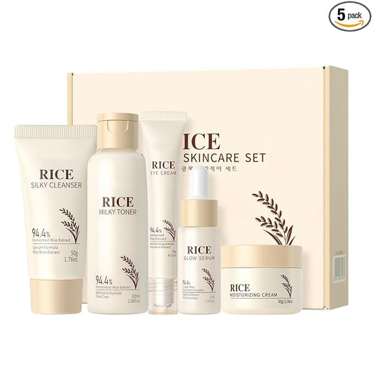 Korean Rice Radiance Skincare Set, 5 Piece Moisturizing Rice Skin Care | Silky Cleanser, Milky Toner, Glow Serum, Eye Cream, Moisturizing Cream