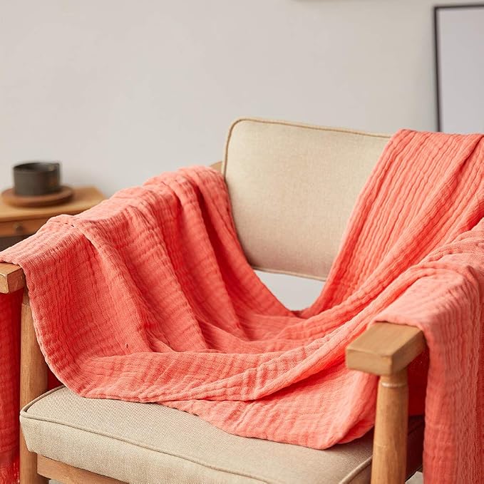Simple&Opulence Cotton Muslin Throw Blanket for Bed, Couch, Knit Woven Gauze Blanket with Tassels, Soft Lightweight Cozy Pre-Washed Breathable Farmhouse Decoration for All-Season (Coral Red)