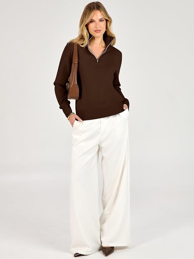 ANRABESS Women Quarter Zip Long Sleeve Fall Pullover Sweater | Soft Knit Fabric Medium Stretch, Business Casual Work Office, Travel Vacation, 2026 Trendy Fashion, Winter Cozy Outfits