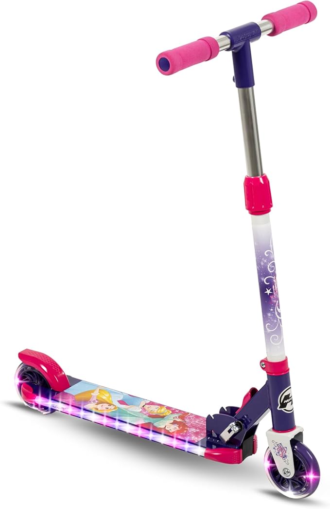 Huffy Disney and Marvel Light Up Kids' Inline Scooters, Multiple Color Options, LED Lights, Ages 5+ Years Old, Adjustable Handlebar, Durable Steel Frame, Foldable, Girls/Boys, 2-Wheels